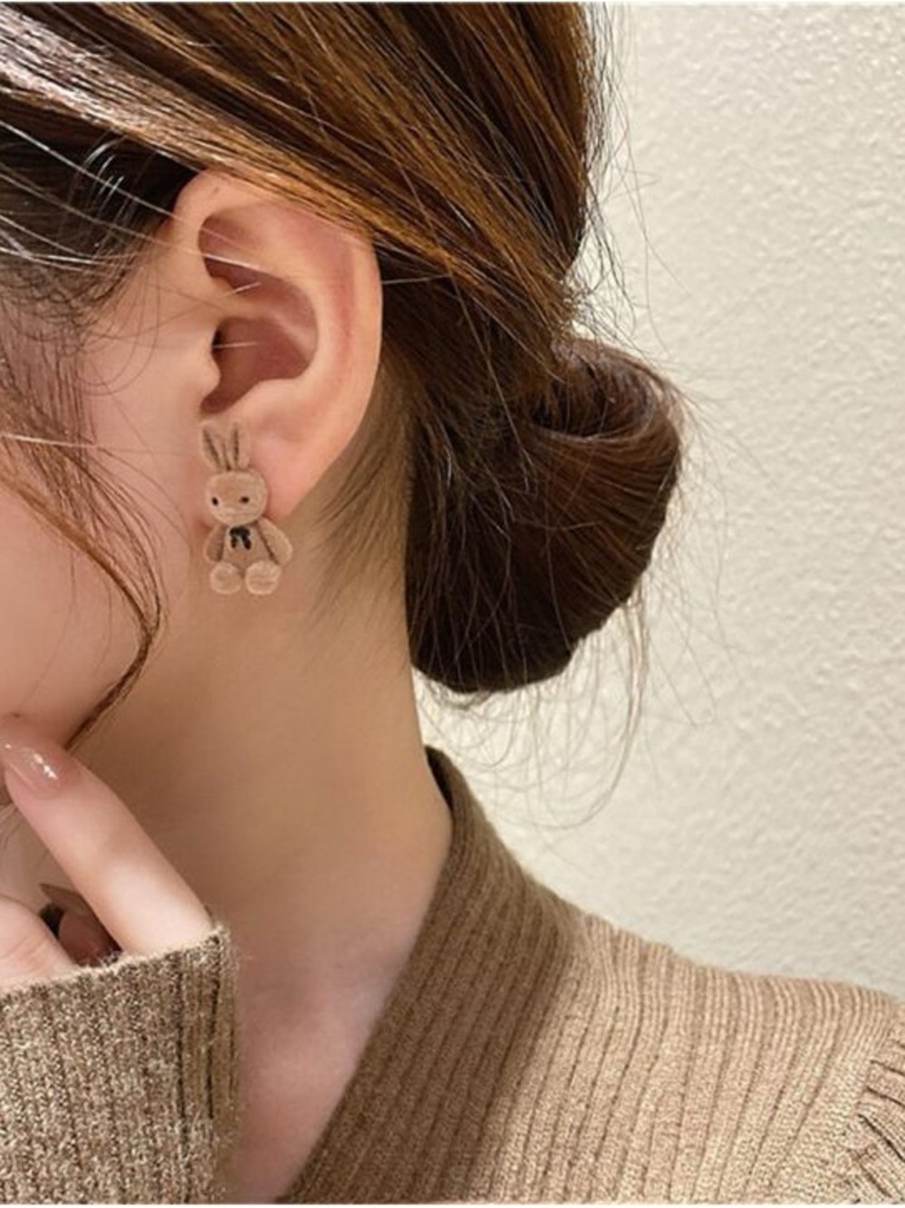 925 Sterling silver Plush Bunny Stud Earrings in Light Brown - Women's Jewelry